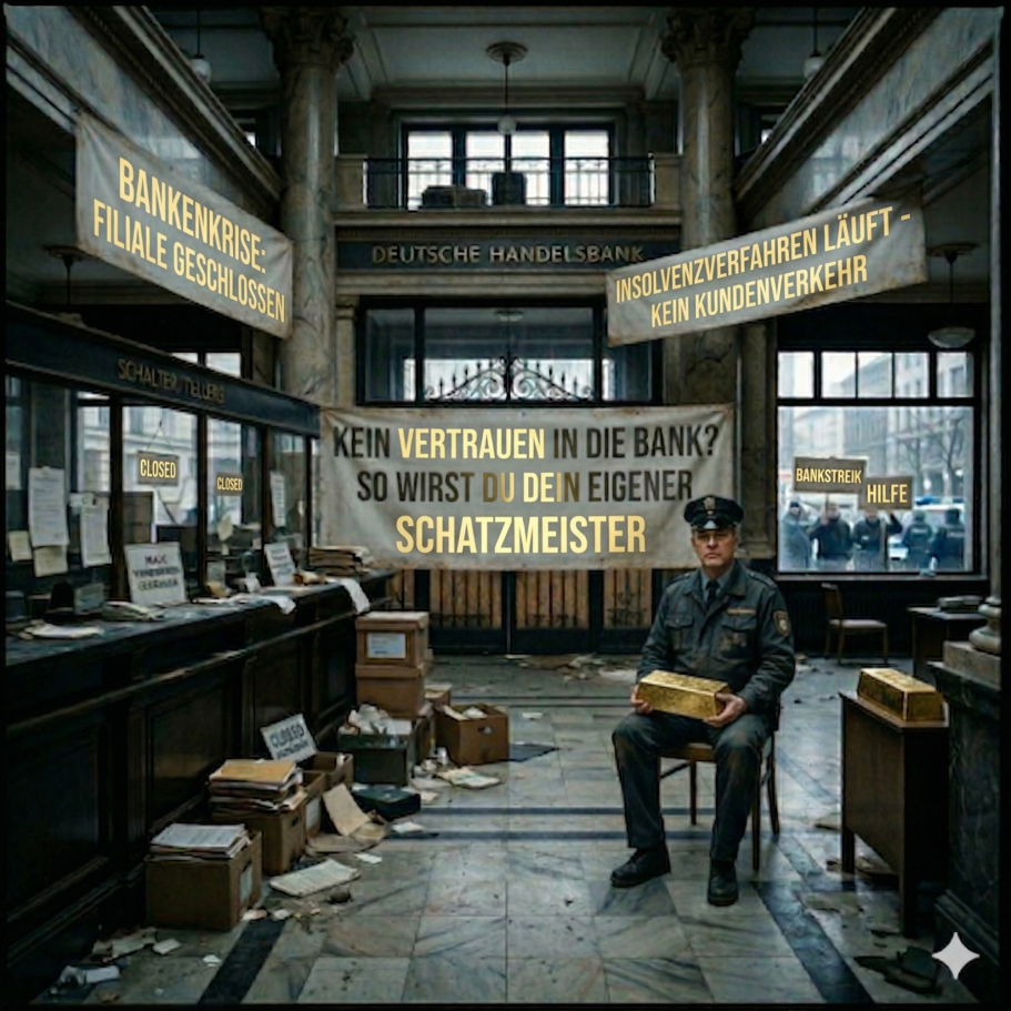 Ein Polizeibeamter sitzt in einer Bank die Insolvenz gegangen ist mit einem großen Goldbarren auf dem Schoß 