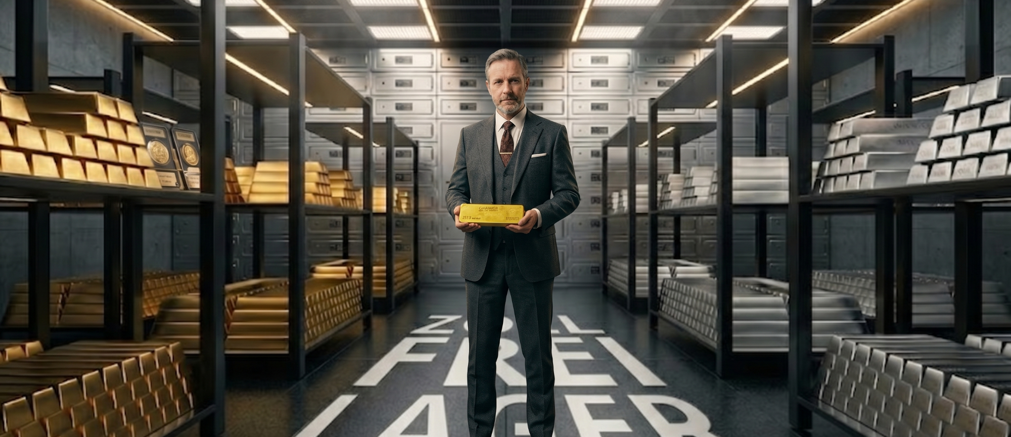 Strategische Lagerung von Gold und Silber im Zollfreilager Ein Geschäftsmann mit einem Goldbarren in einem Tresorraum für Edelmetalle unter einem gelben Banner zur zollfreien Lagerung von Gold