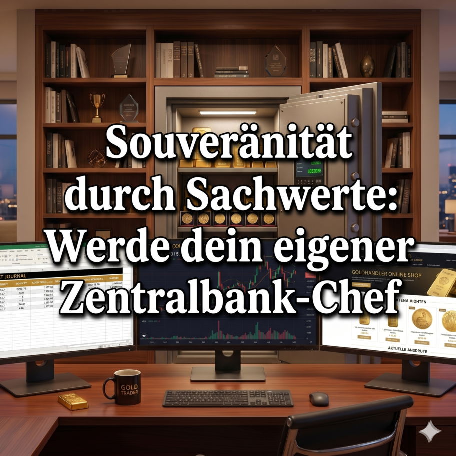 Lektion 60. Arbeitszimmer mit Bücherregal und Tresor mit einer Goldsammlung aus Münzen und Barren. Ein Schreibtisch mit drei Bildschirmen
