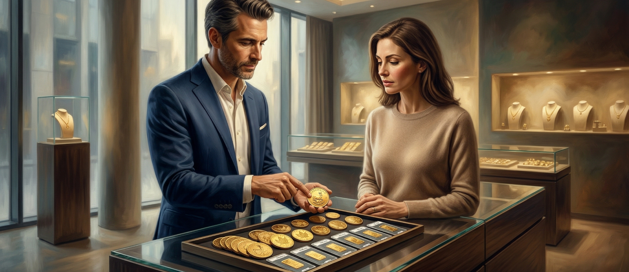 Mann und Frau betrachten Goldschmuck in einem eleganten Geschäft.