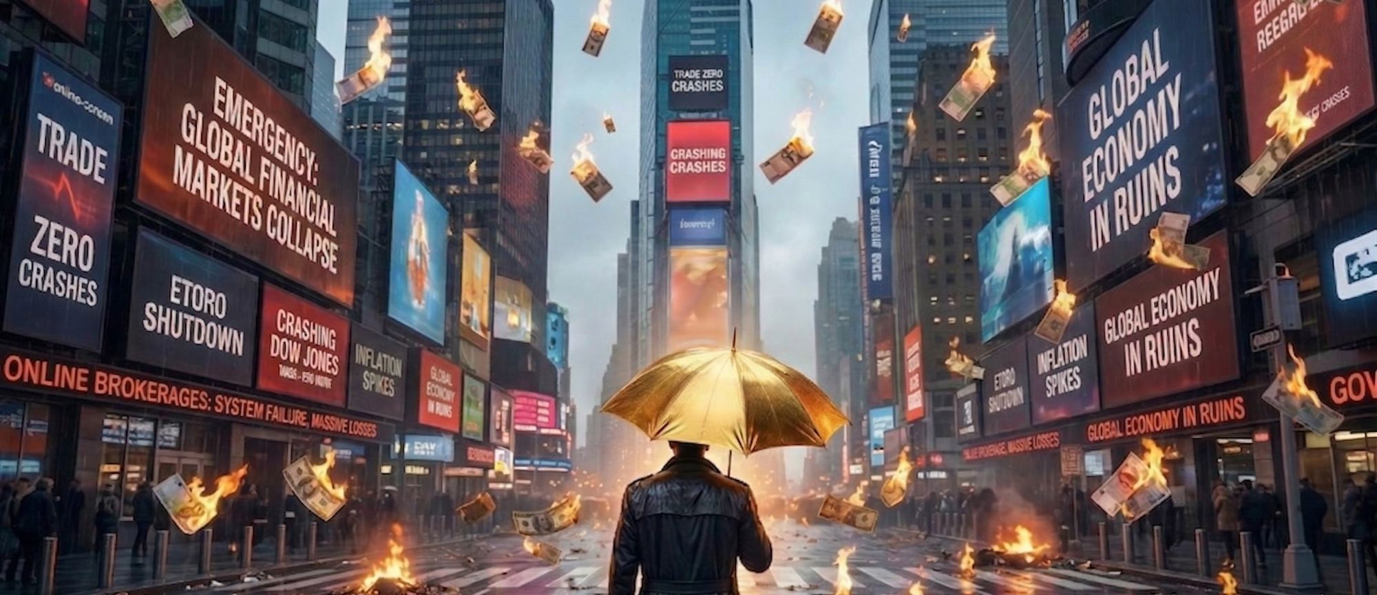 Person mit gelbem Regenschirm steht inmitten von brennenden Plakaten in einer urbanen Umgebung.