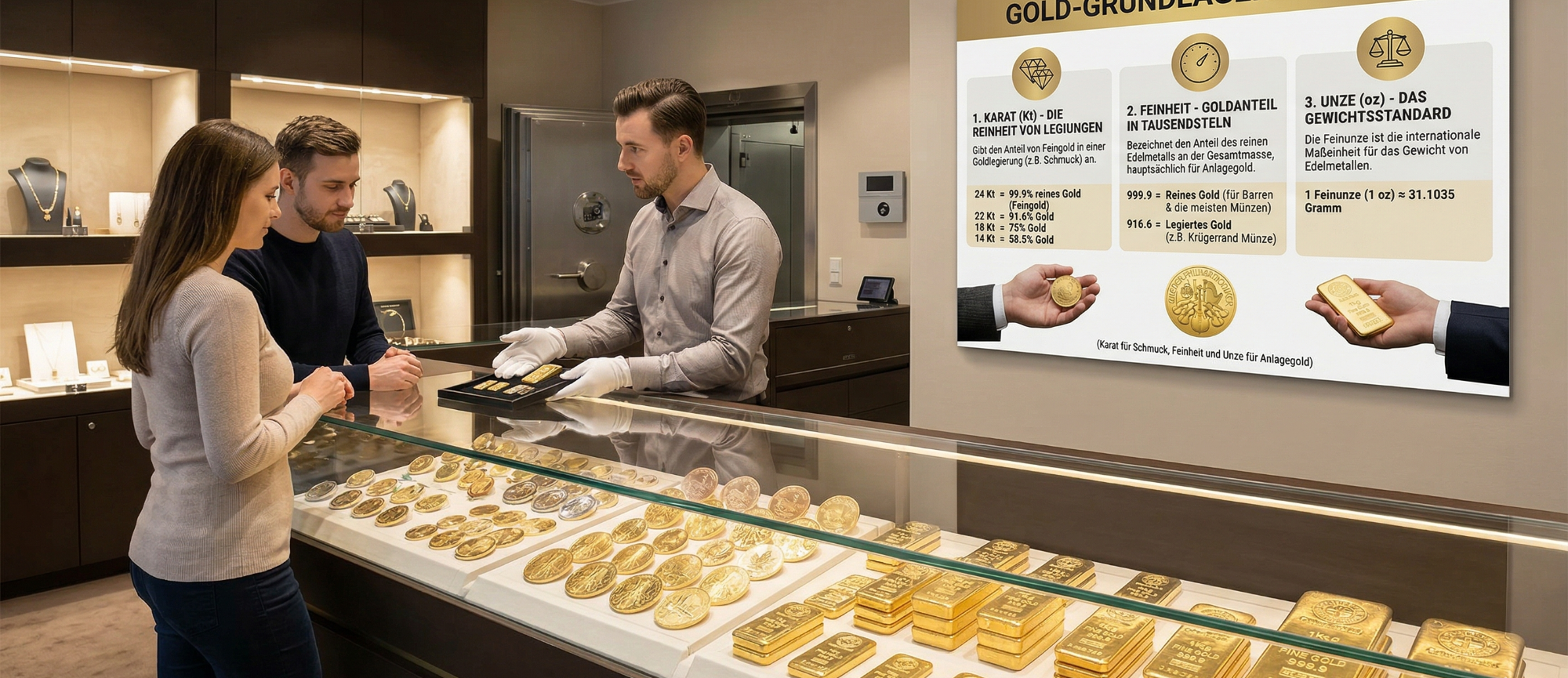 Kundenberatung in einem Schmuckgeschäft mit Goldbarren und Informationsdisplay.