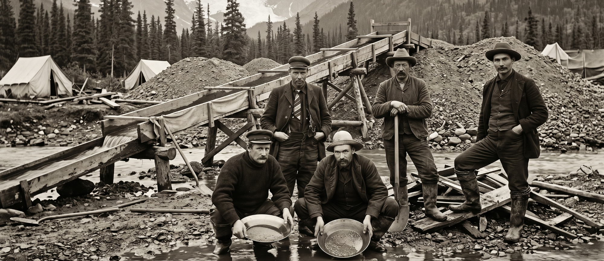 Pioniere des Klondike: Goldsucher während des Alaska-Goldrauschs Historisches Sepia-Foto von fünf Goldsuchern an einem Fluss in Alaska. Zwei Männer knien mit Goldwaschpfannen im Wasser.