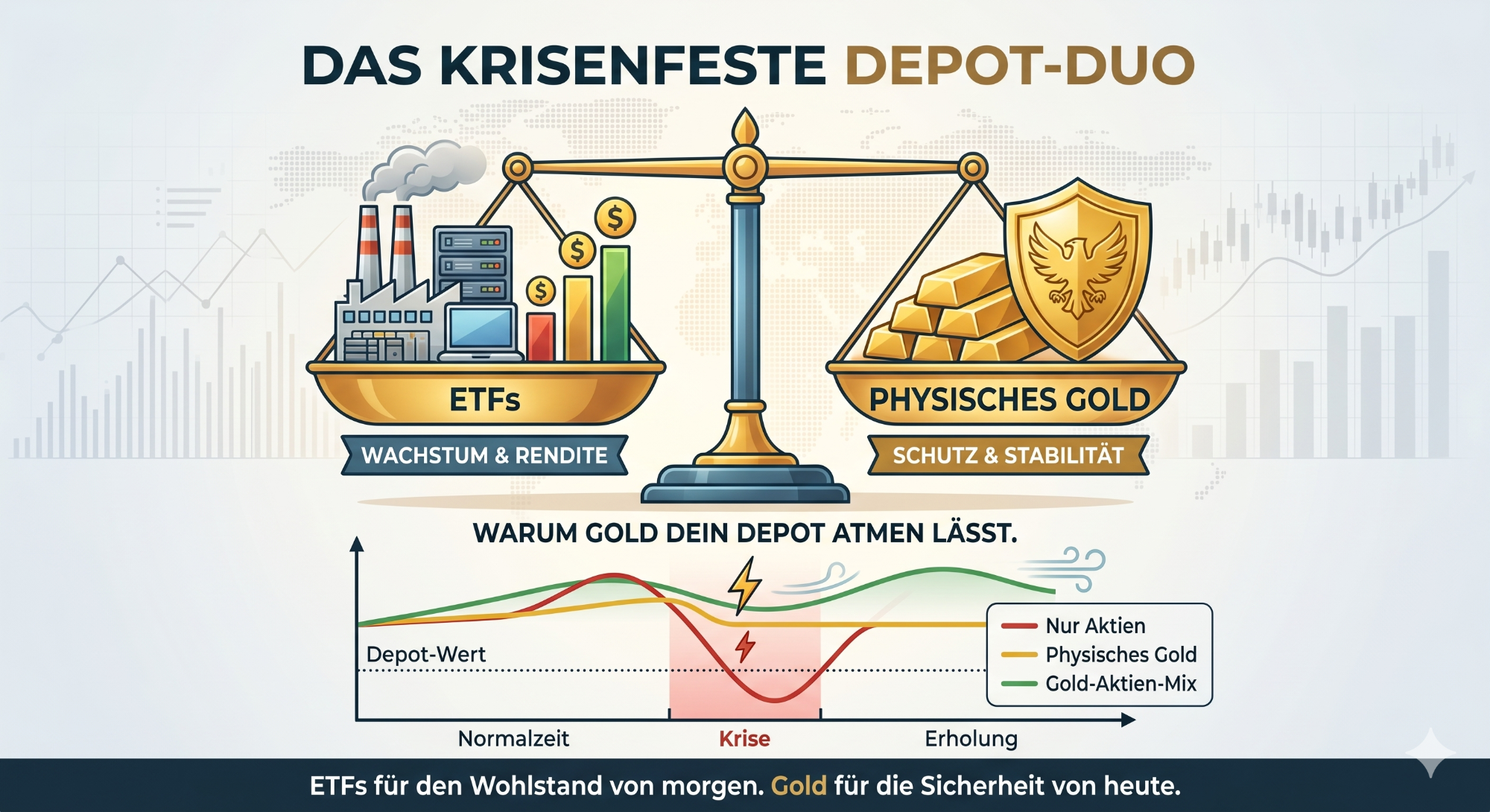Die perfekte Balance: Wie Gold und ETFs gemeinsam dein Vermögen schützen Ein Gleichgewicht zwischen industrieller Produktion und Goldreserven, mit grafischen Statistiken.