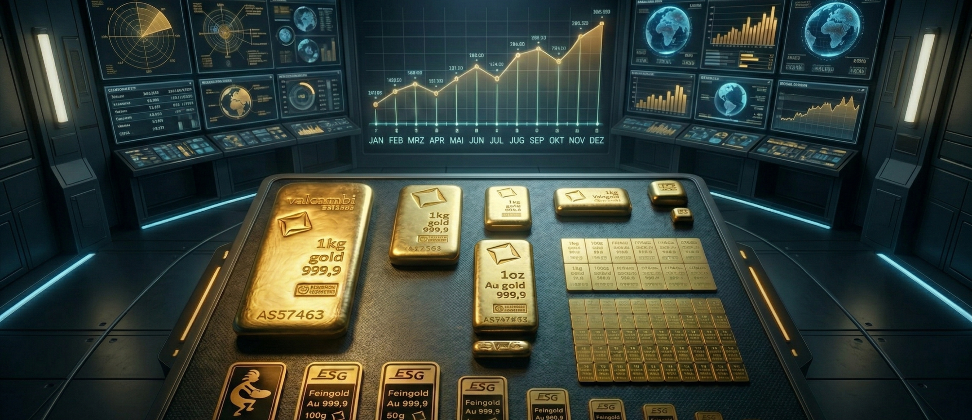 Goldbarren und Diagramme in einem modernen, tech-inspirierten Raum.