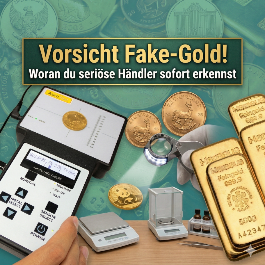 Geräte zur Goldprüfung mit Münzen und goldenen Barren, Warnhinweis vor Fake-Gold.