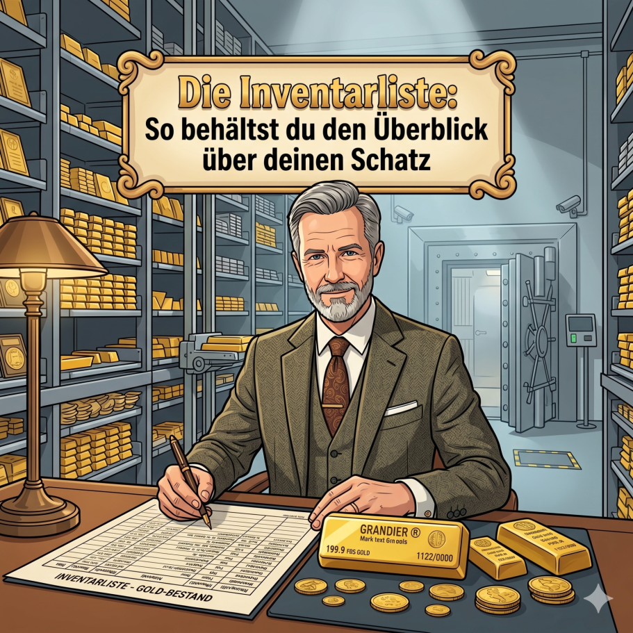 Lektion 46. Ein Mann in Anzug sitzt an einem Tisch und schreibt, umgeben von Goldmünzen und Regalen.