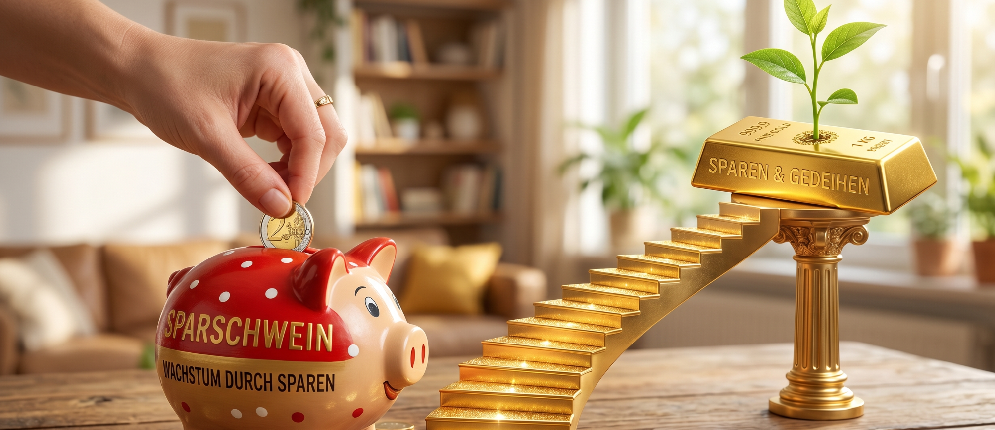 Großer-und-kleiner-tresor-mit-Gold-und-Bargeld Cartoon-Illustration eines großen und eines kleinen geöffneten Tresors auf einem Glastisch, gefüllt mit Goldbarren und Geldscheinen.