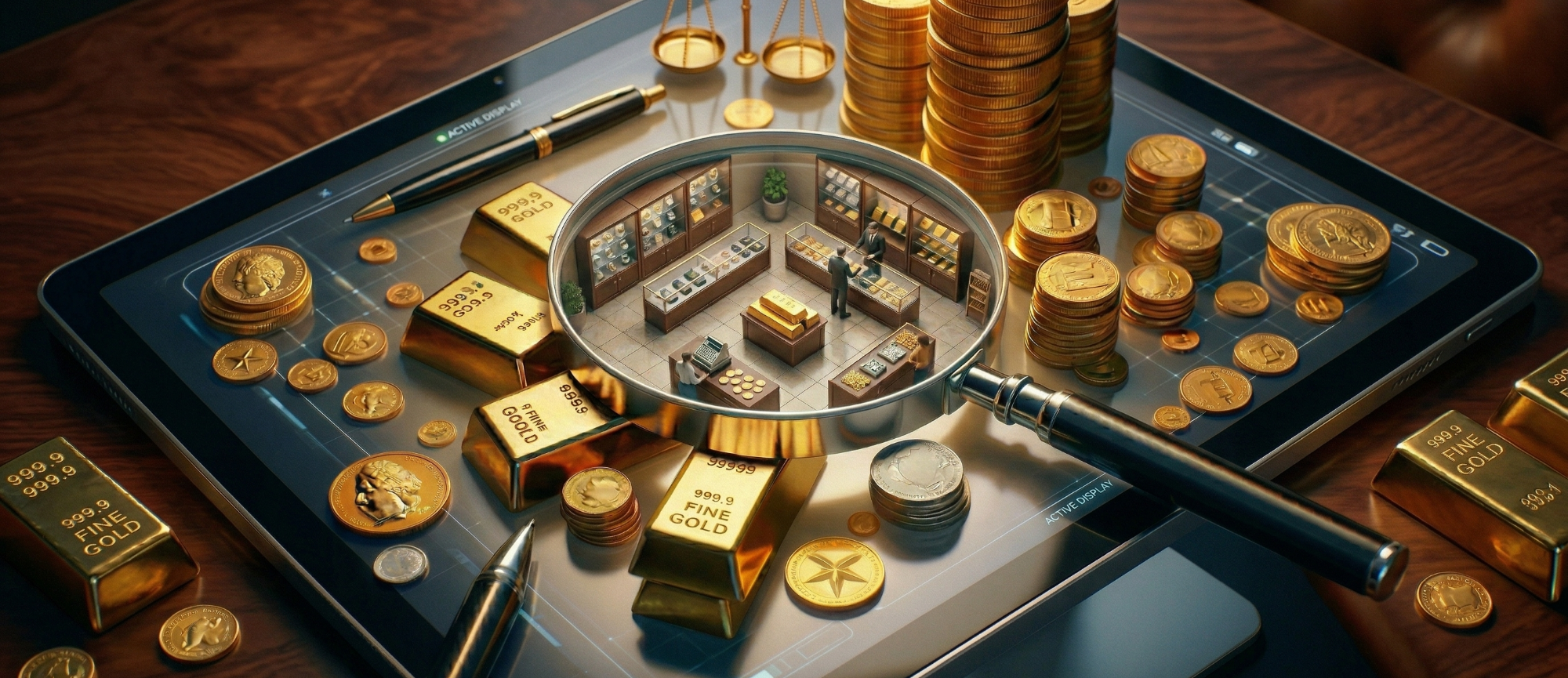 Goldbarren, Münzen und eine Lupe auf einem Holztablett angeordnet.