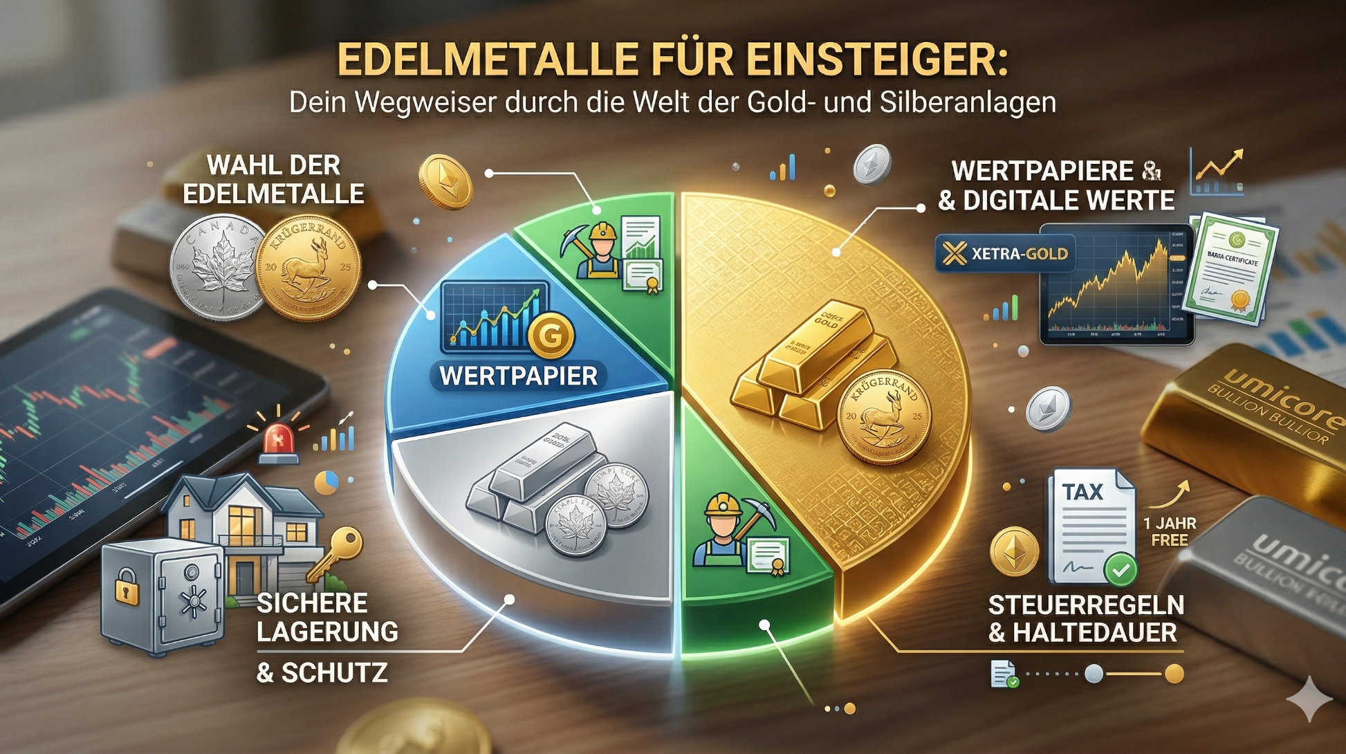 Diagramm zu Edelmetallen für Einsteiger mit Infos zu Gold, Silber, Investitionen und Strategien.