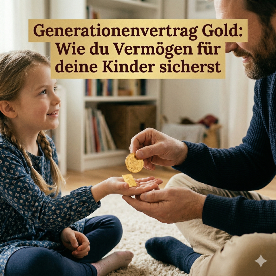 Ein Vater gibt seiner Tochter eine Goldmünze, während sie gemeinsam lächeln.