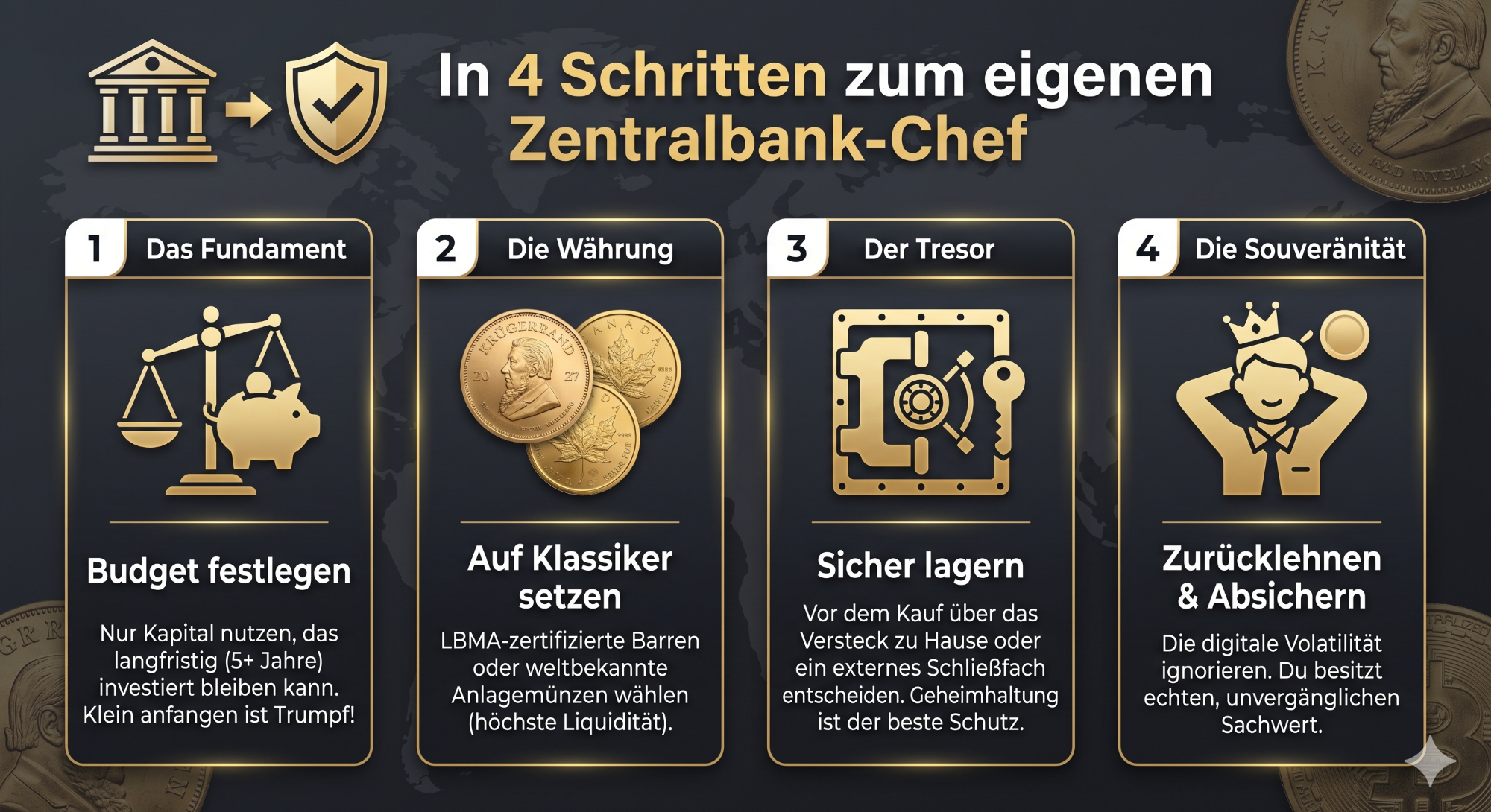 infografik-gold-investieren-zentralbank-chef Infografik „In 4 Schritten zum eigenen Zentralbank-Chef“ mit einer Anleitung für Einsteiger zum Investment in physisches Gold