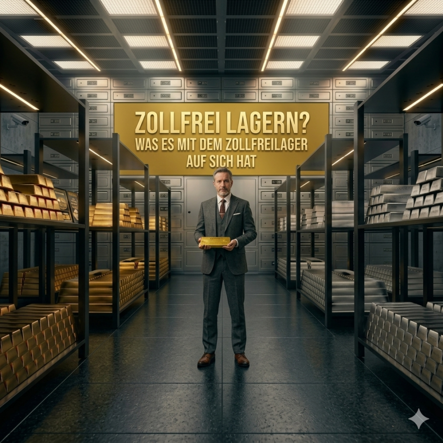 Lektion 44. Mann in Anzug steht in Lager mit goldenen Kisten, Frage über zollfreies Lagern.