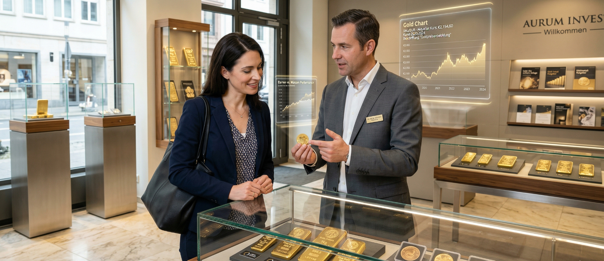 Zwei Personen stehen vor einer Vitrine mit Goldbarren und diskutieren.