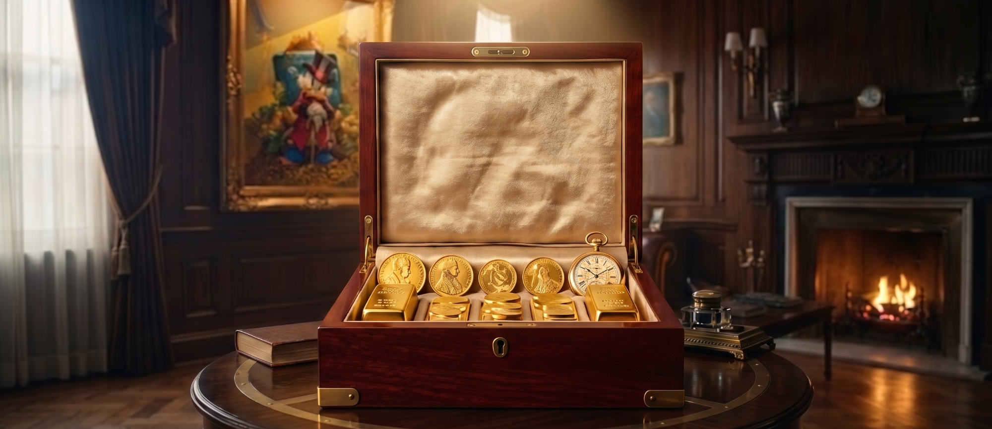 "Onkel Dagoberts Schatzkammer" "Eine offene Holztruhe voller Goldmünzen, Goldbarren und einer goldenen Taschenuhr auf einem antiken Tisch, mit einem Gemälde