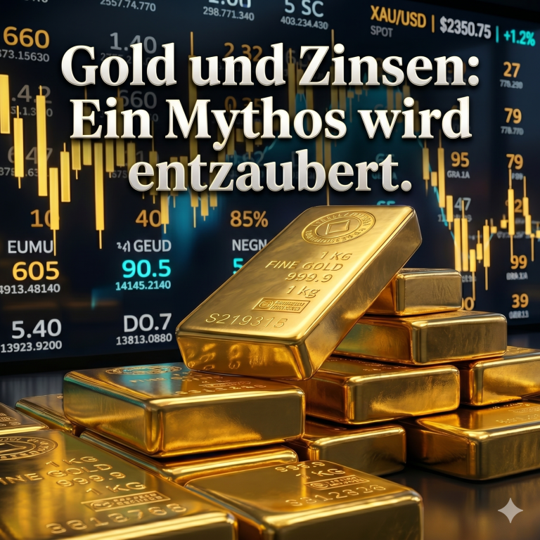 Gold und Zinsen: Ein Mythos wird entzaubert. Goldbarren vor einem Hintergrund mit Finanzgrafiken und Statistiken.