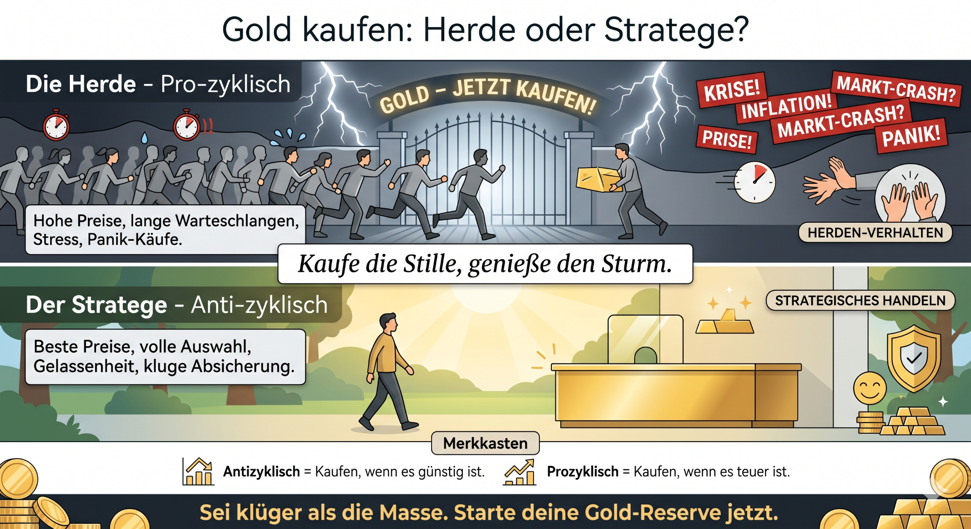 Gold kaufen für Einsteiger Grafik über den Kauf von Gold, Herdentrieb versus strategische Ansätze.
