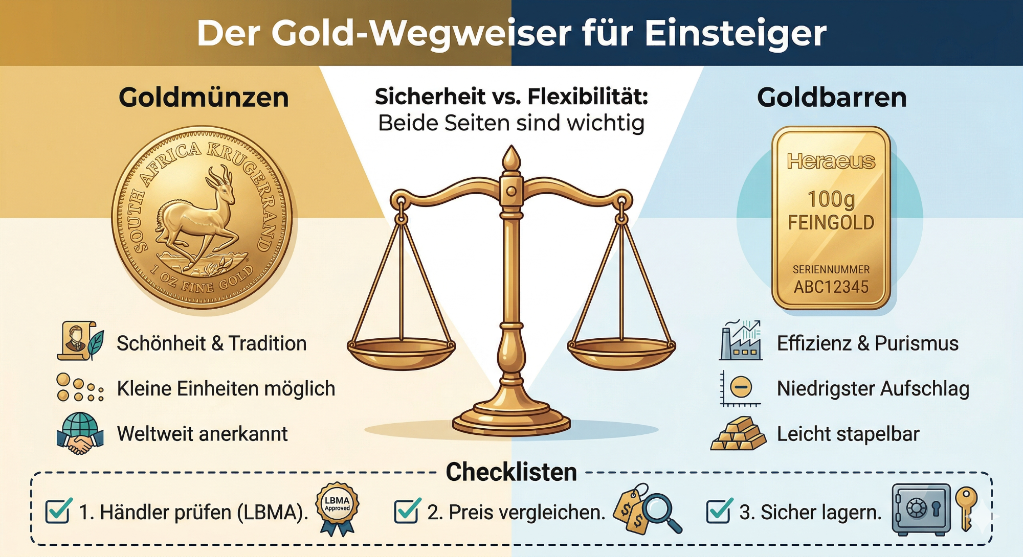 Goldanlage-Optionen mit einer Waage, die Sicherheit und Flexibilität abwägt.