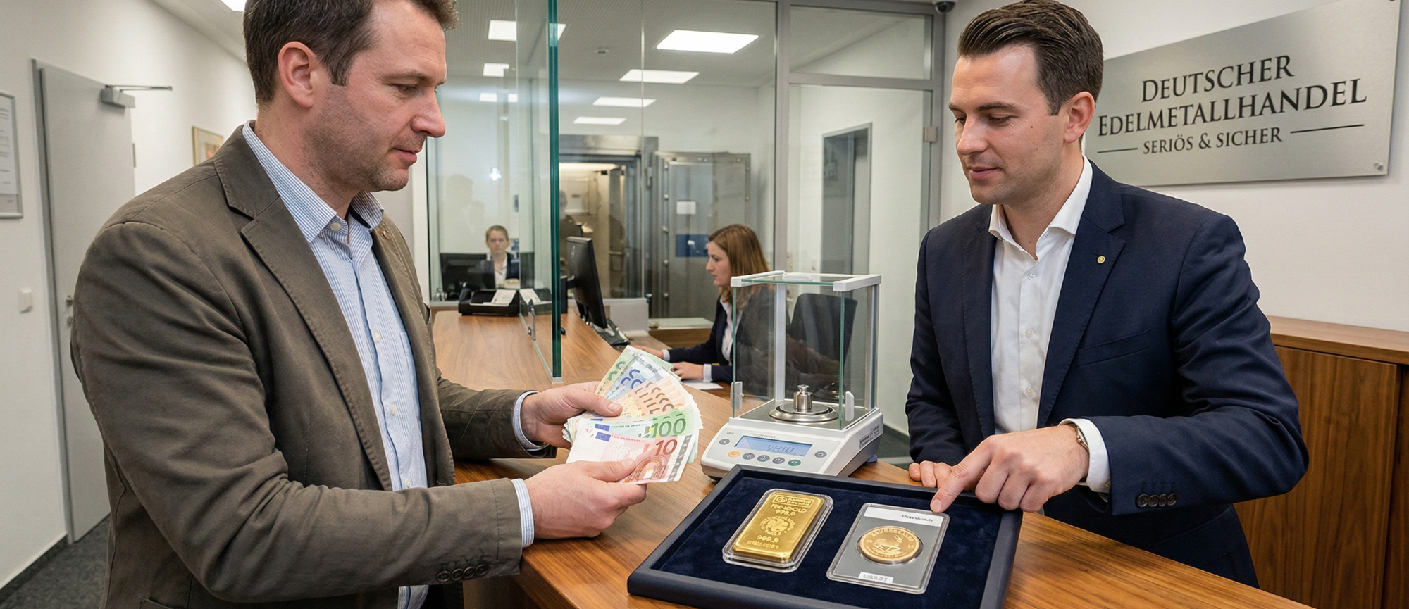 Zwei Männer stehen an einem Empfangstresen und präsentieren Goldbarren und Dokumente.