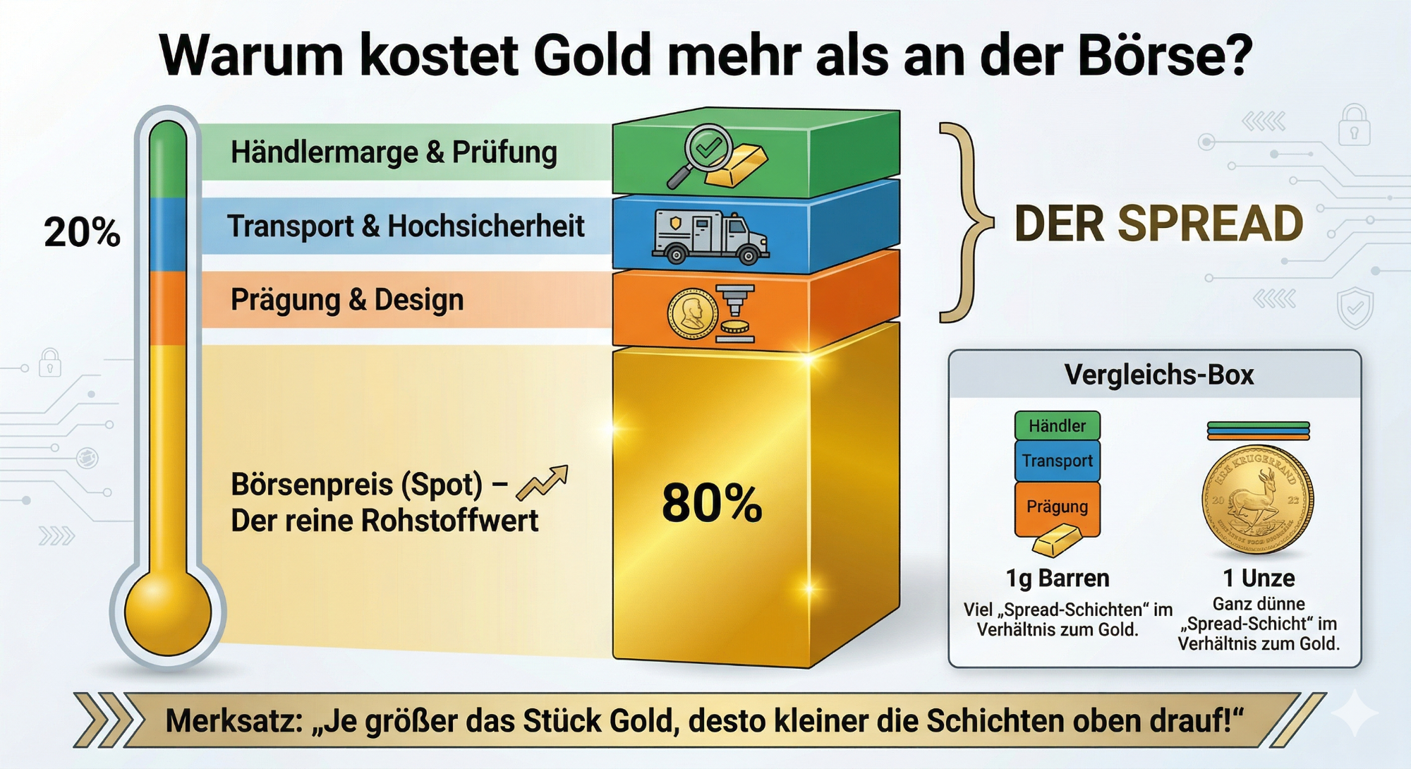 Grafik, die die Kostenstruktur von Gold zeigt, einschließlich Spread und Vergleichspreisen.