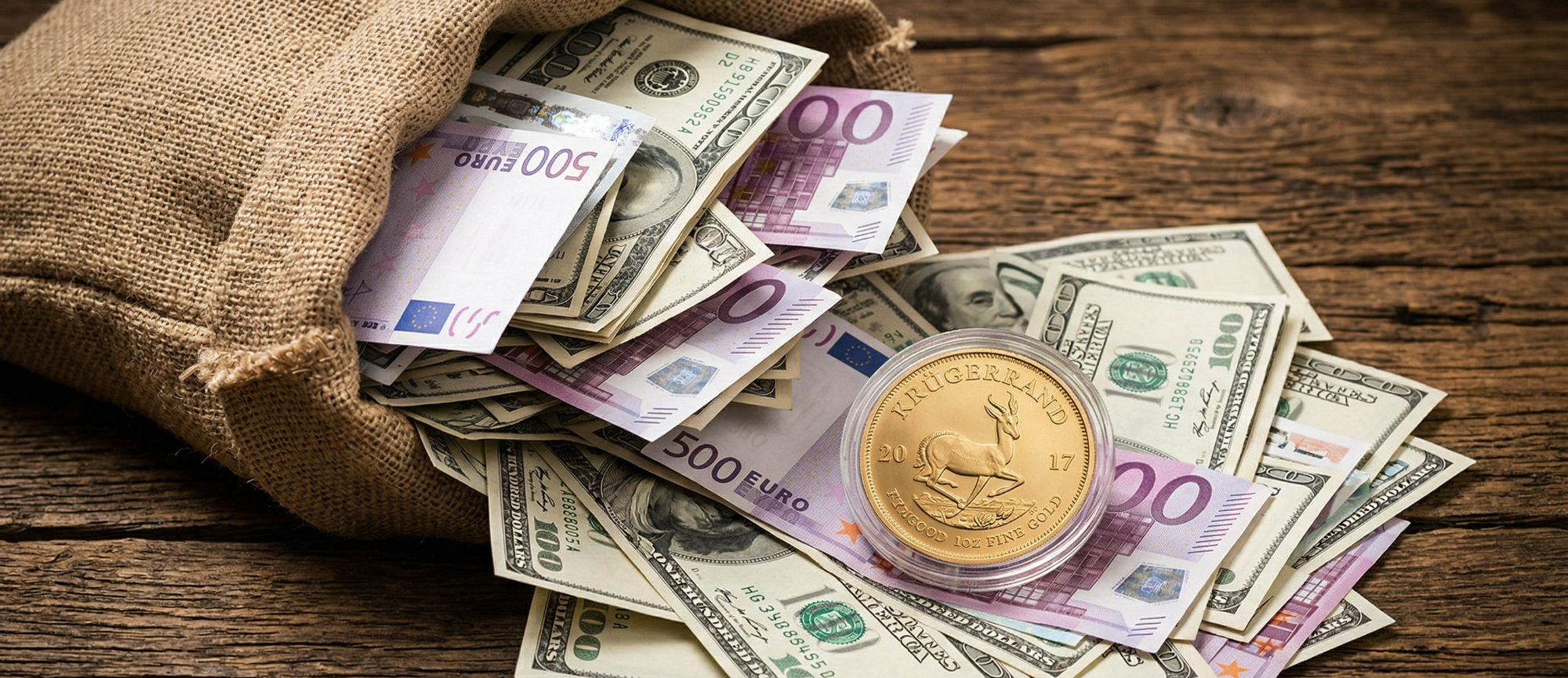 Ein Säckchen mit Geldscheinen und einer Münze auf einem Holztisch.