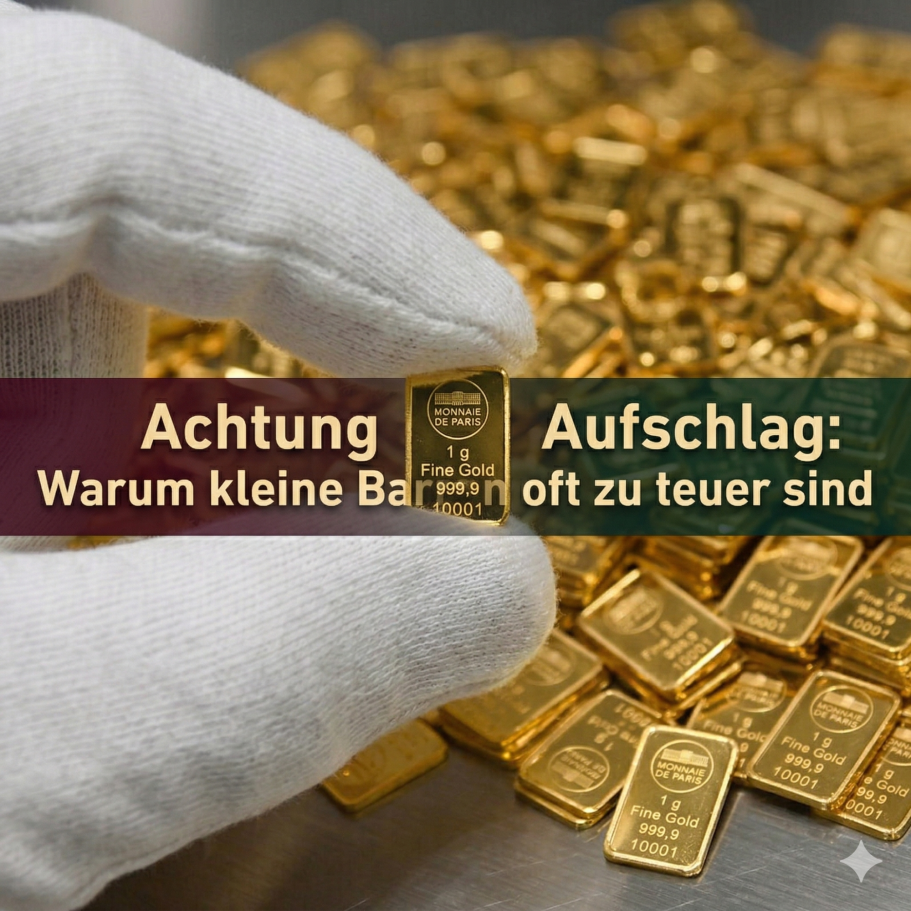 Hand mit Goldbarren vor einer Ansammlung von Goldbarren, Text über Preis und Wert.