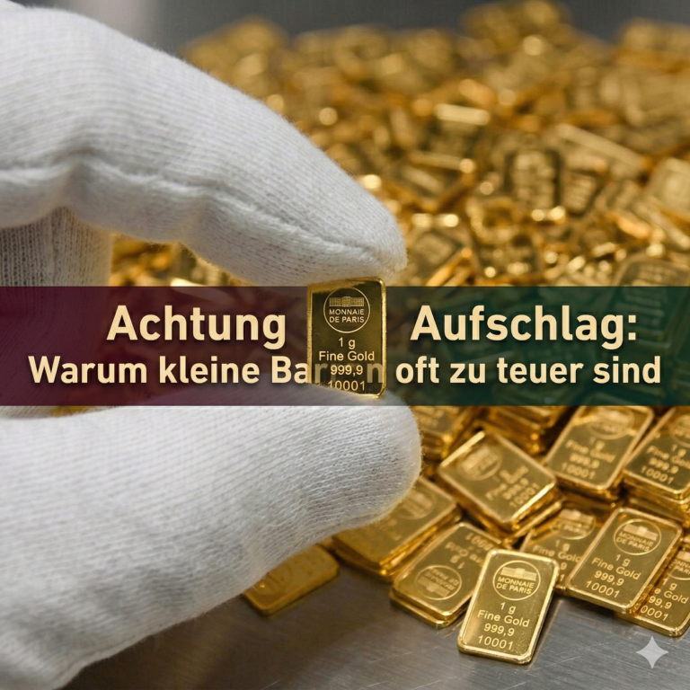 Eine Hand hält eine Goldbarren mit textlicher Erklärung über hohe Kosten.