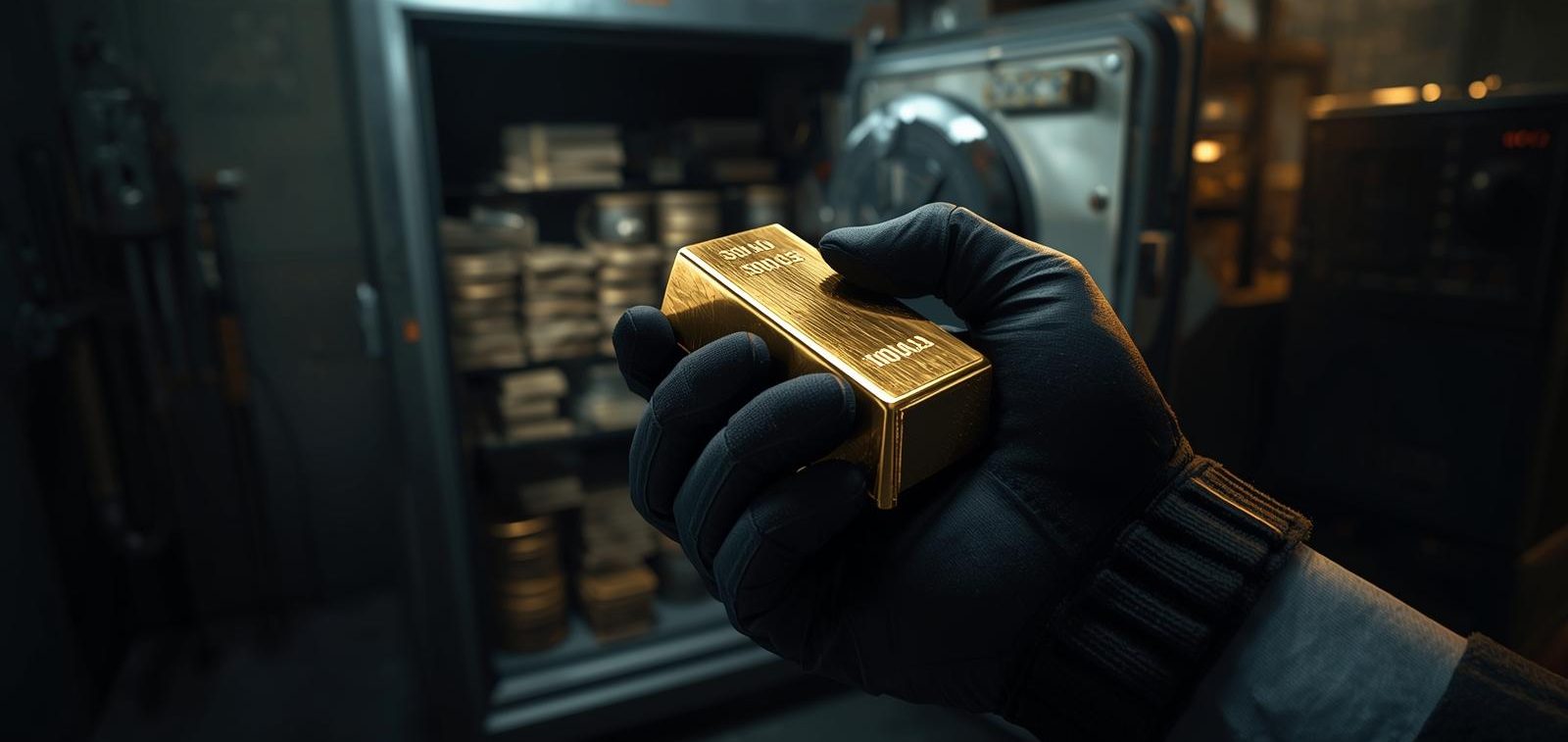 Eine Hand hält einen goldenen Barren vor einem offenen Safe.