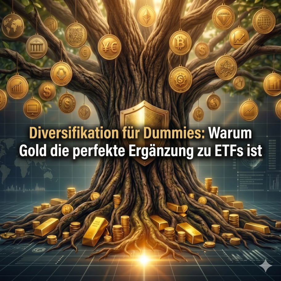 Lektion 40. Text auf einem Baumstamm, umgeben von Goldmünzen, mit dem Thema Gold und ETFs.