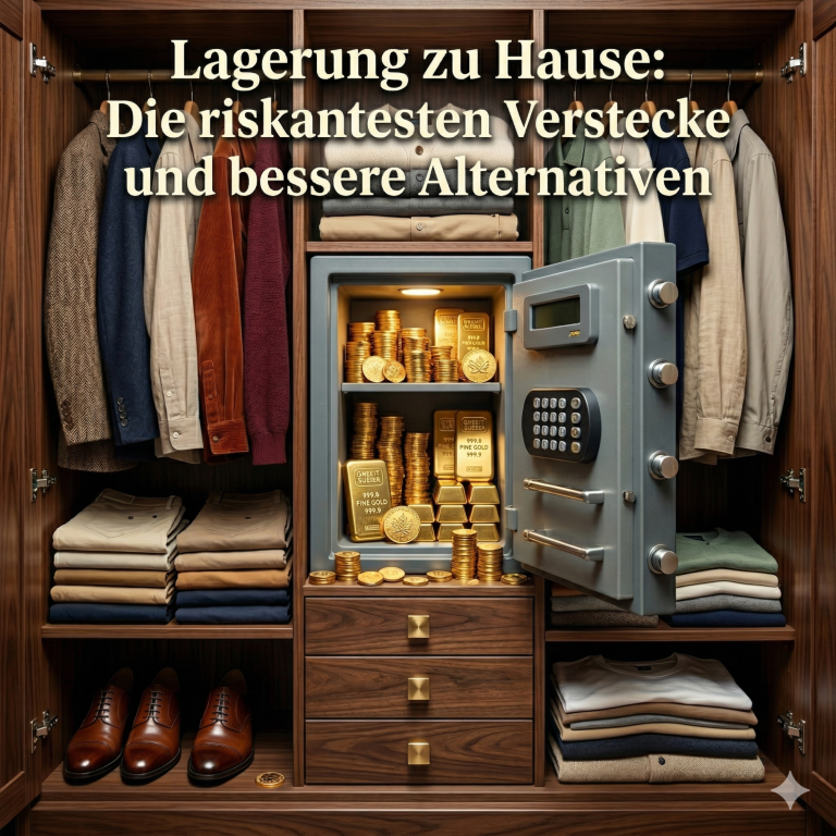 Holzschrank mit Kleidung und einem Safe, der mit Goldbarren und Münzen gefüllt ist.