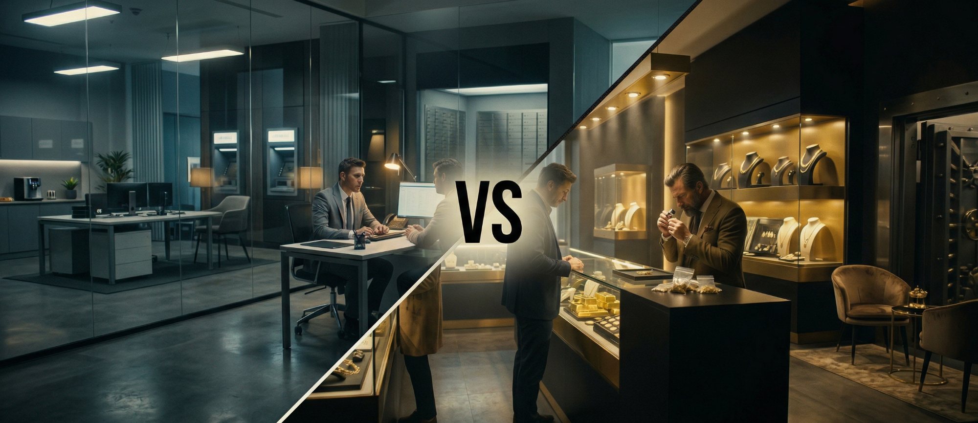 Büroszene links, Geschäftsszene rechts; Kontrast zwischen Arbeit und Einkaufen.