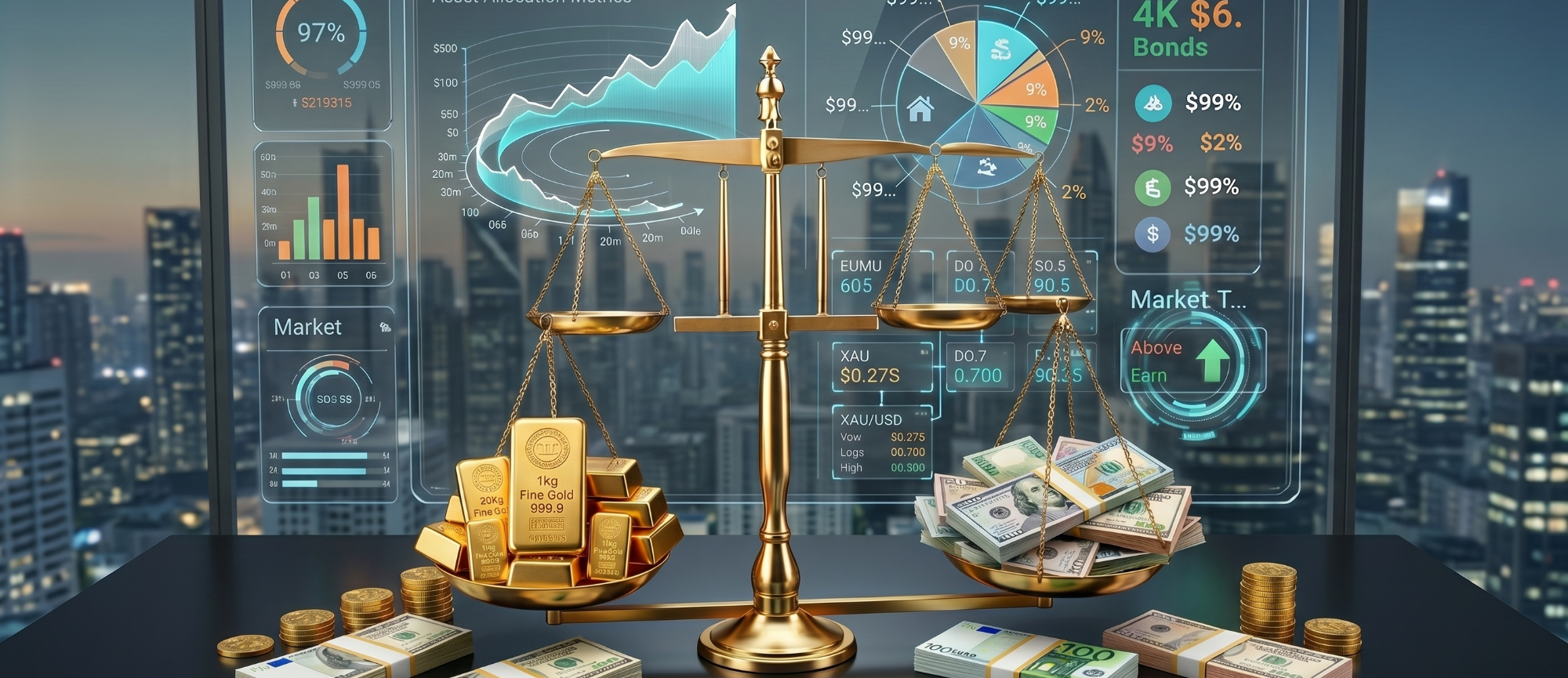 Portfolio-Rebalancing mit Gold Goldbarren und Geldscheine auf einer Waage vor einer Stadtansicht mit Diagrammen.
