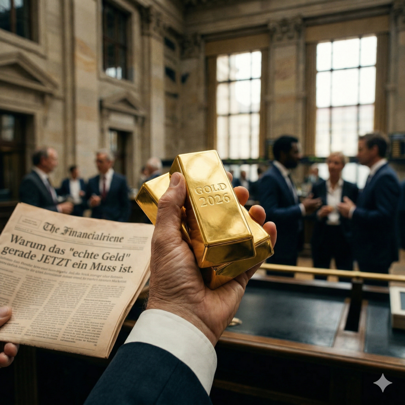 Hand hält Goldbarren und Zeitung; Personen in Anzug unterhalten sich im Hintergrund.