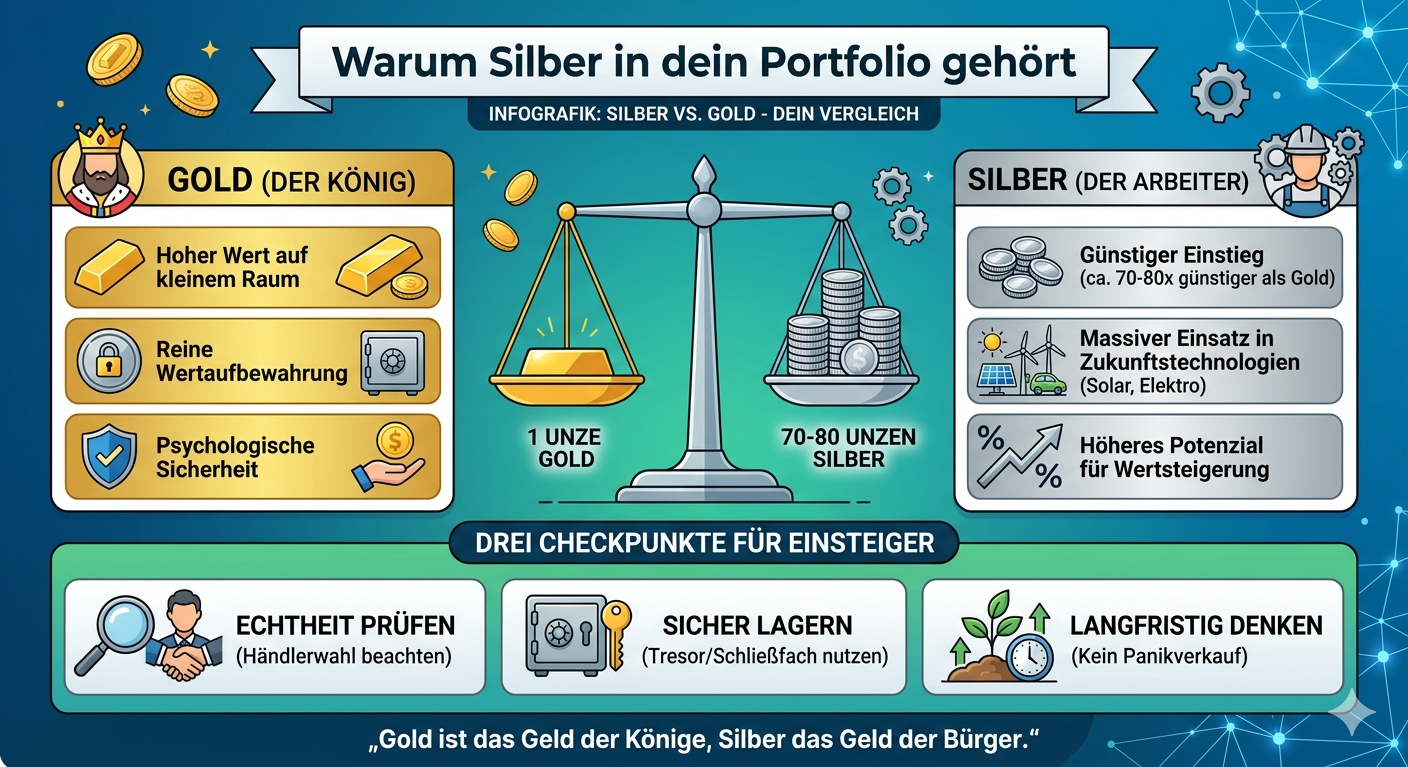 In Silber investieren: Dein Guide zum „Gold des kleinen Mannes“ Infografik über die Vorteile von Gold und Silber im Portfolio.