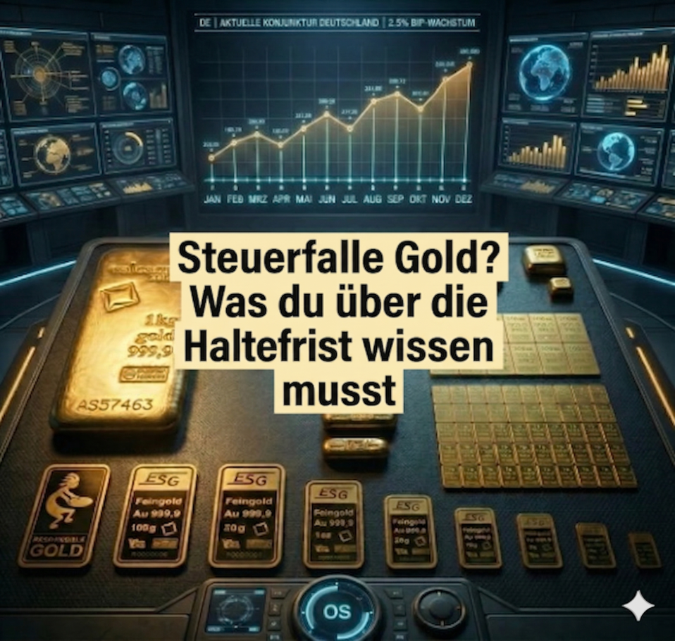 Goldbarren auf einem Tisch mit Finanzgrafiken und einem Text über Haltefristen.