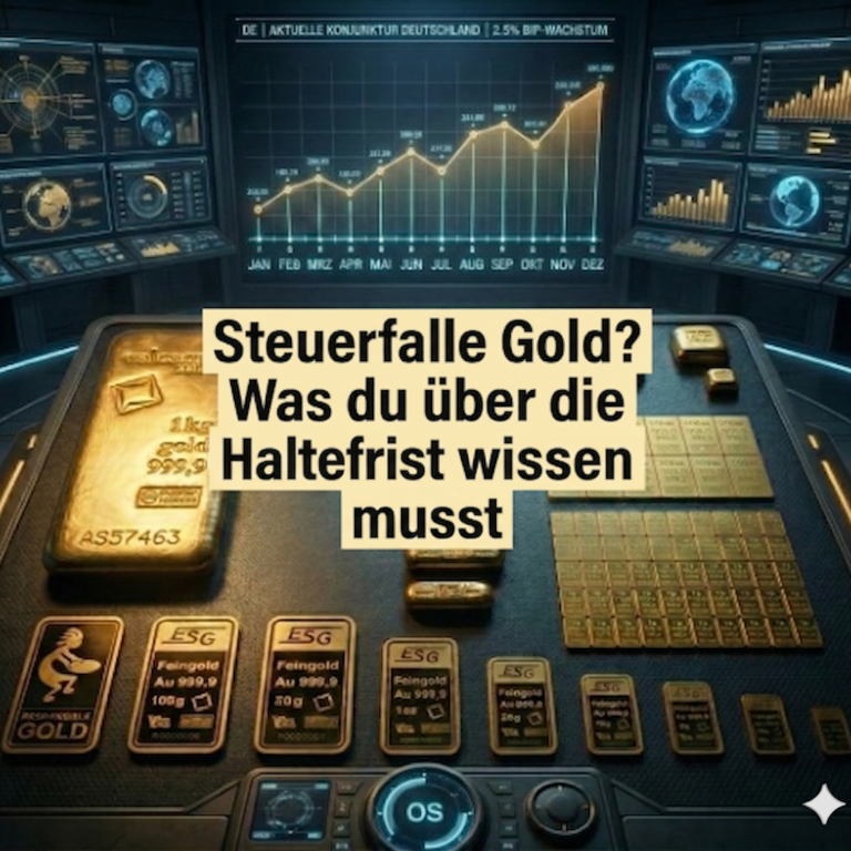 Steuerinformationen zu Gold und Haltefrist auf einem futuristischen Dashboard.