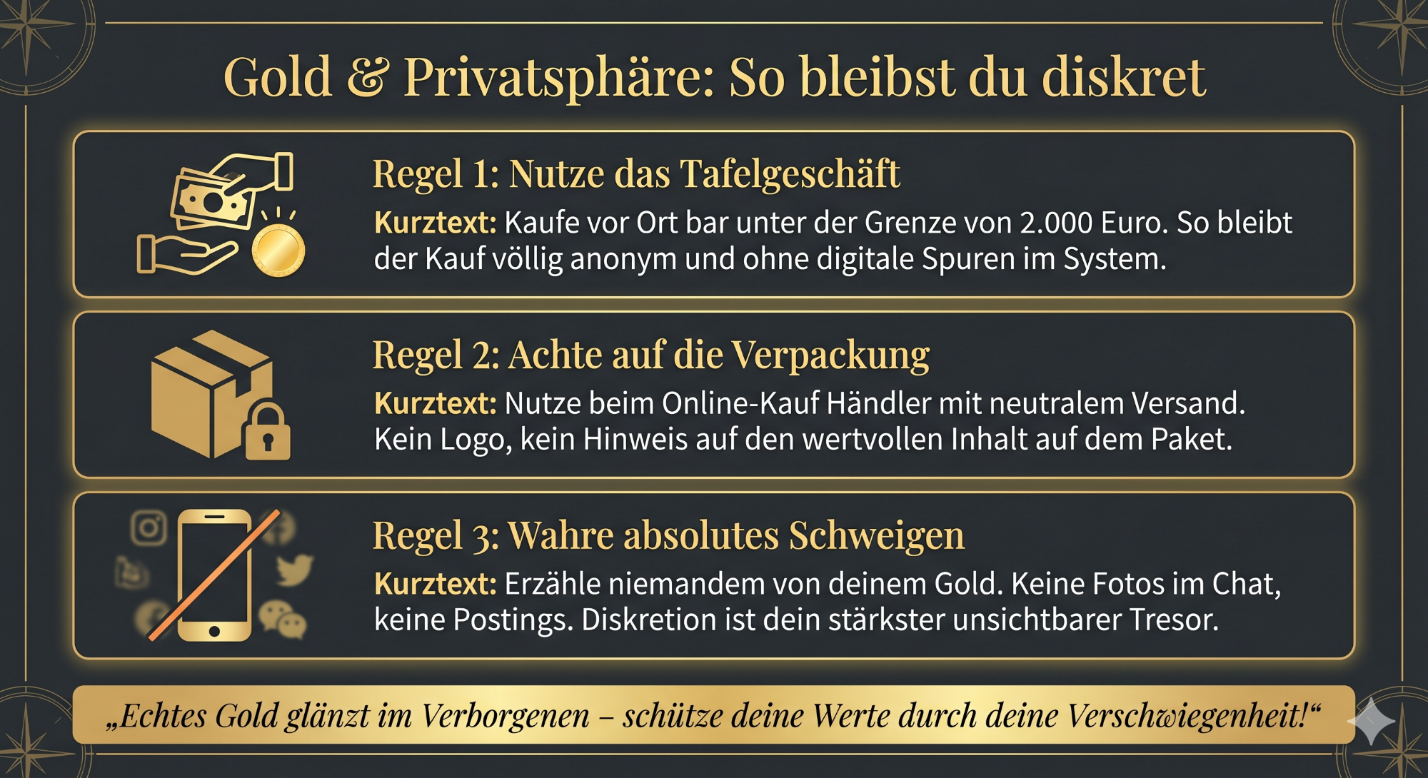 Die 3 goldenen Regeln für den diskreten Goldkauf Übersicht zum Thema Gold und Privatsphäre mit drei Regeln: Nutzung des anonymen Tafelgeschäfts, neutraler Versand bei Online-Käufen