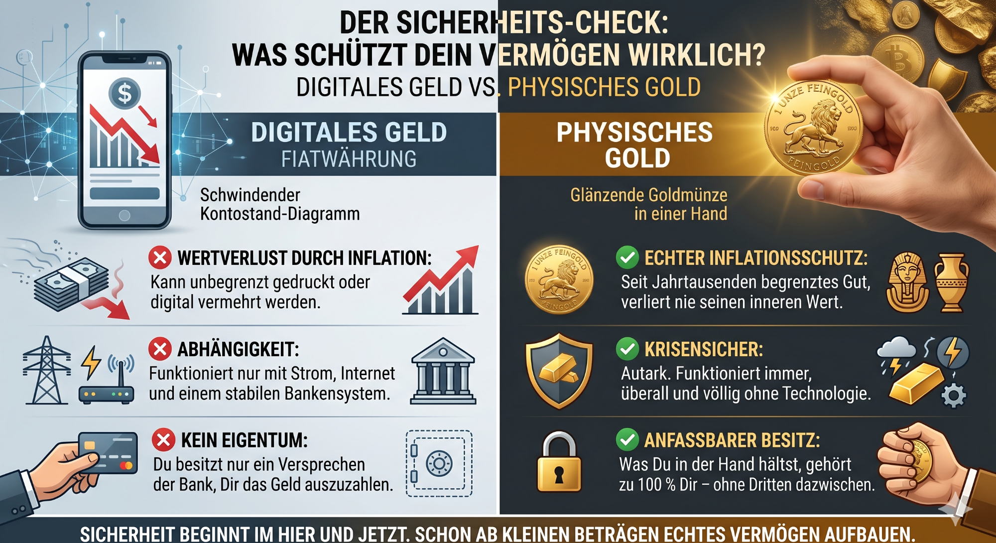 infografik-digitales-geld-vs-physisches-gold Infografik-Vergleich zwischen digitalem Geld (Fiatwährung) und physischem Gold als krisensichere Geldanlage für Einsteiger.