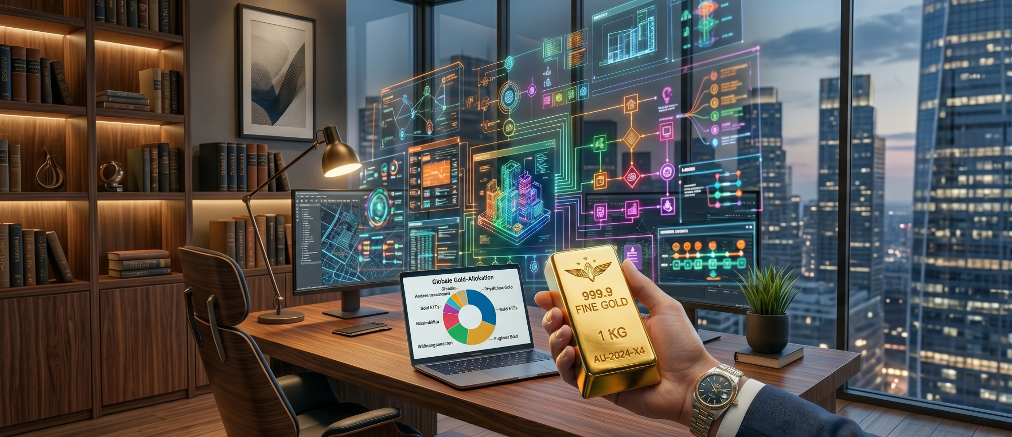 Die 10%-Regel: Wie viel Gold gehört wirklich in dein Portfolio? Eine Hand hält eine Goldbarre vor einem modernen Büro mit Bildschirmen und Stadtansicht.