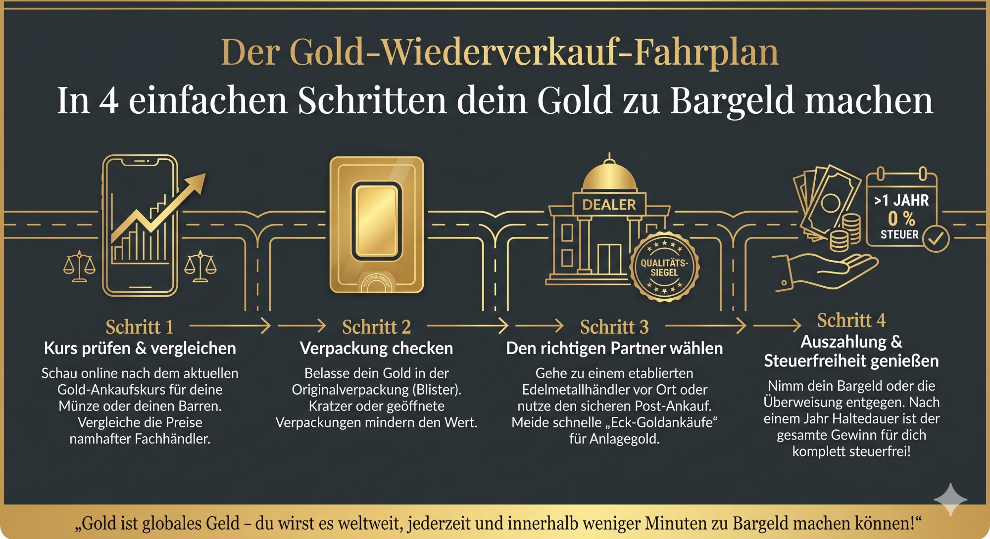 Der Gold-Wiederverkauf-Fahrplan in 4 Schritten Infografik zur Auszahlung von Gold mit vier Stufen: Kursvergleich, Verpackungsprüfung, Händlerauswahl und steuerfreie Auszahlung
