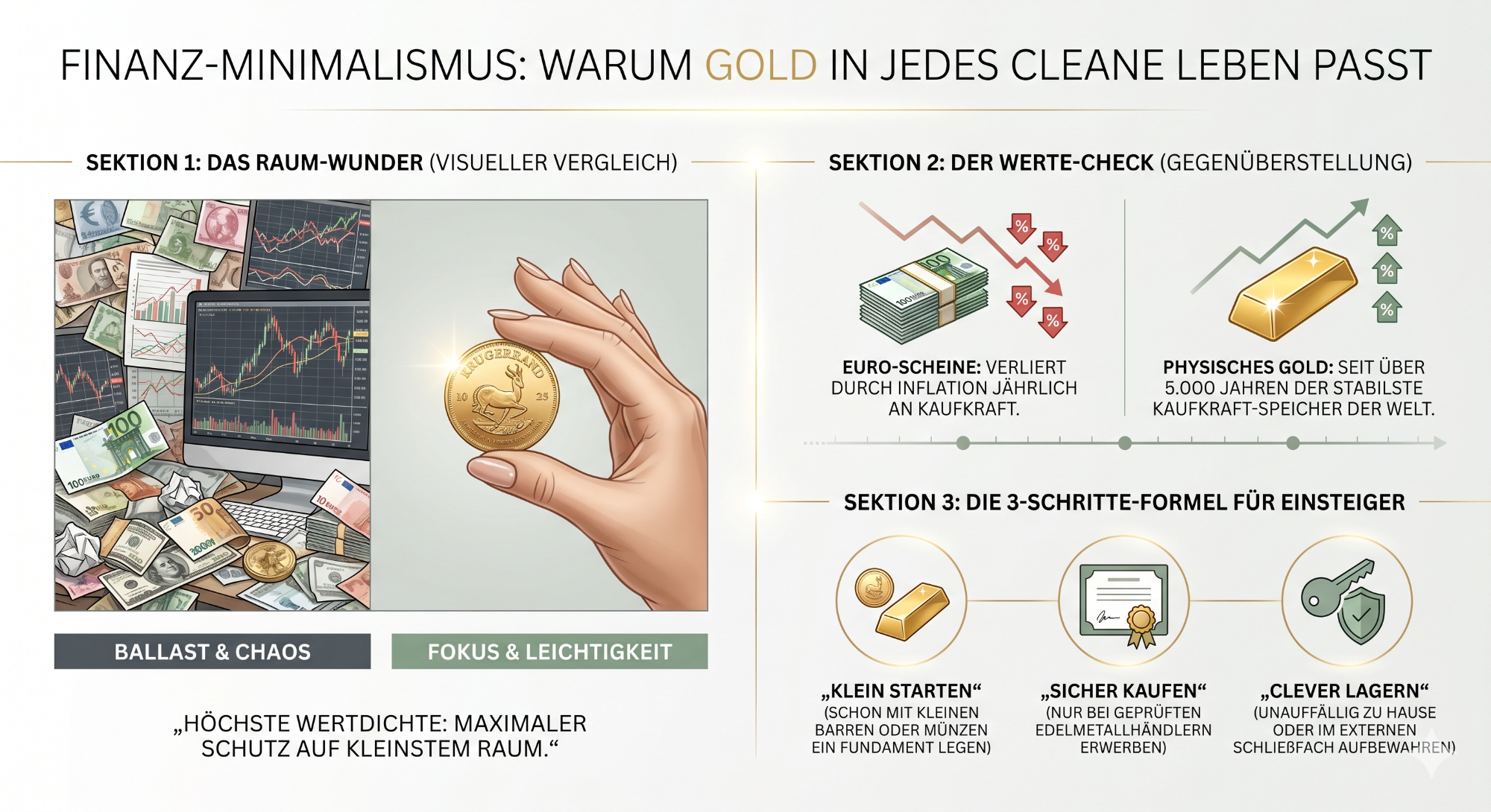 Infografik: Finanz-Minimalismus – Physisches Gold als kompakter Wertspeicher Grafik über Finanzminimalismus mit Fokus auf Gold und dessen Vorteile.