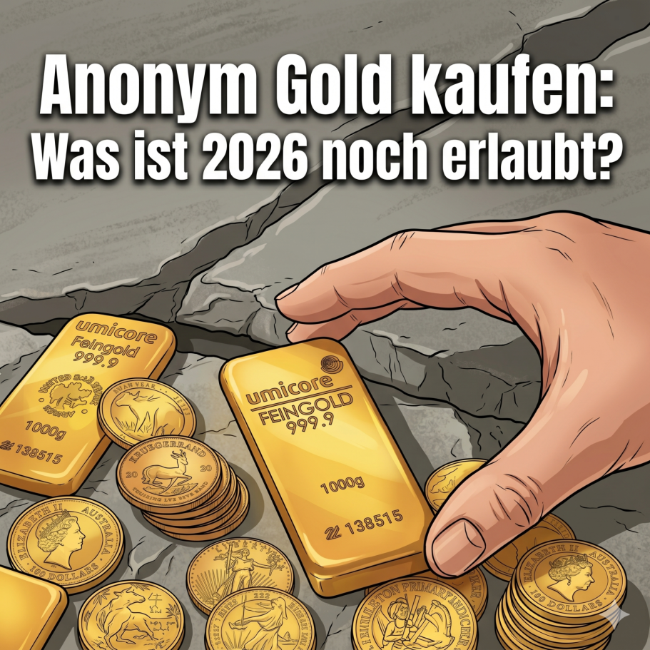 Lektion 45. Hand greift nach Goldbarren, umgeben von Münzen, mit Text über anonymen Goldkauf.