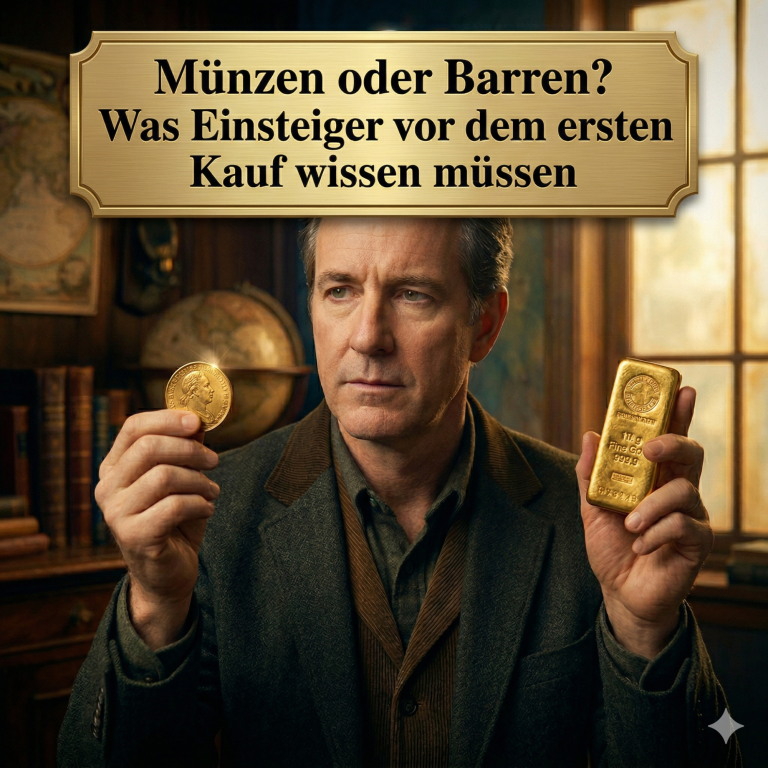 Mann hält eine Münze und einen Goldbarren, nachdenklicher Gesichtsausdruck.