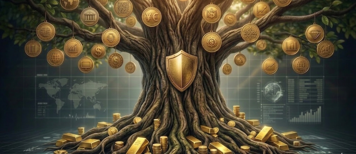 Das goldene Fundament: Physische Sicherheit trifft auf digitales Wachstum Goldene Münzen und Barren um einen großen Baum mit einem Schild in der Mitte.