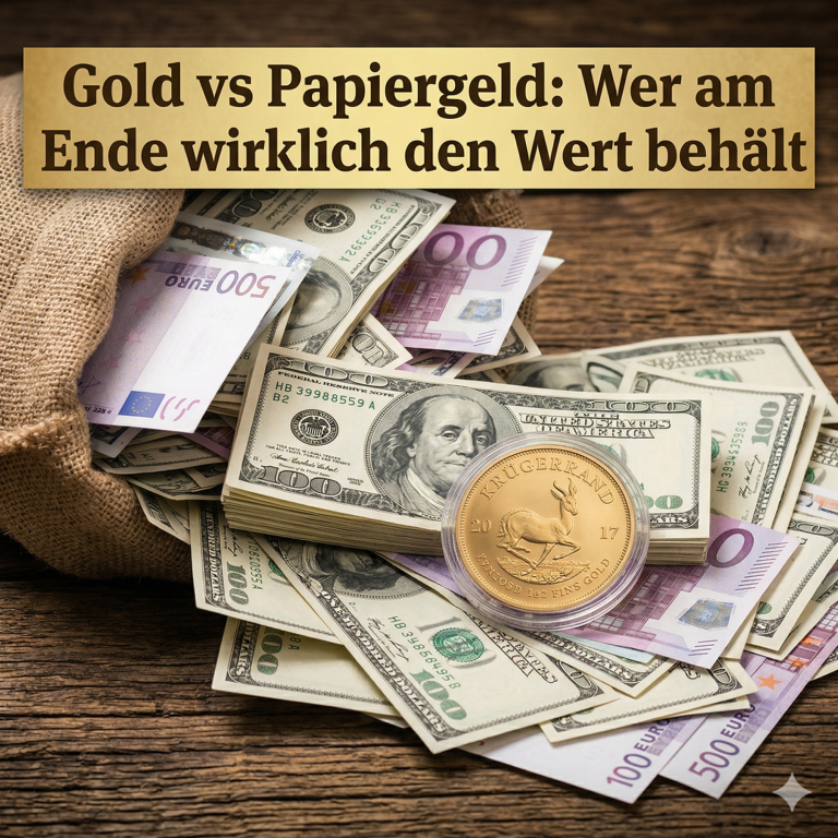Goldmünzen und Geldscheine liegen verstreut auf einem Tisch, mit einem Sack im Hintergrund.