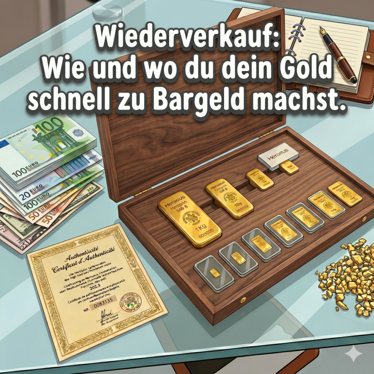 Gold-Wiederverkauf-Schatulle-Bargeld Eine Cartoon-Illustration einer geöffneten Holzschatulle mit Goldbarren, Euro-Geldscheinen und einem Echtheitszertifikat