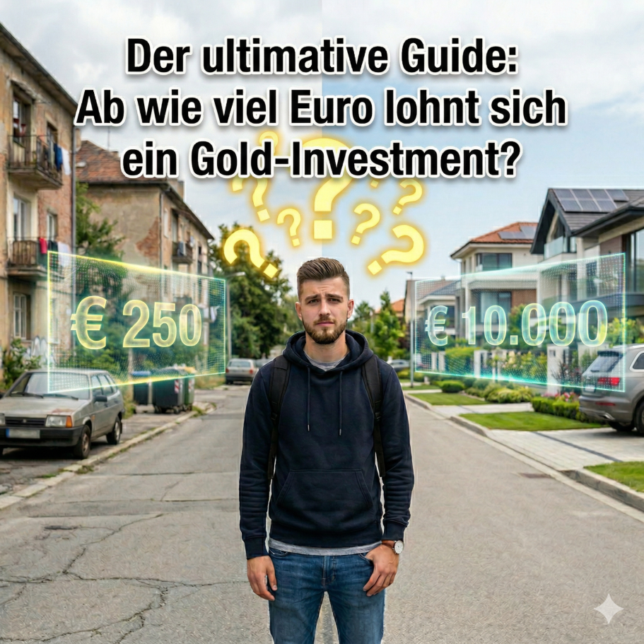 Junger Mann auf Straße, umgeben von Fragezeichen und Geldbeträgen für Gold-Investitionen.