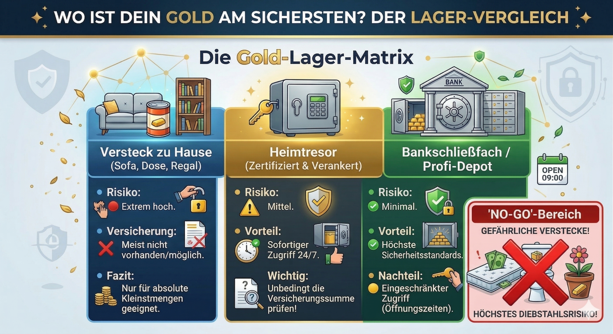 Grafik zur Gold-Lager-Matrix mit Vergleich der Sicherheitsoptionen für Goldlagerung.