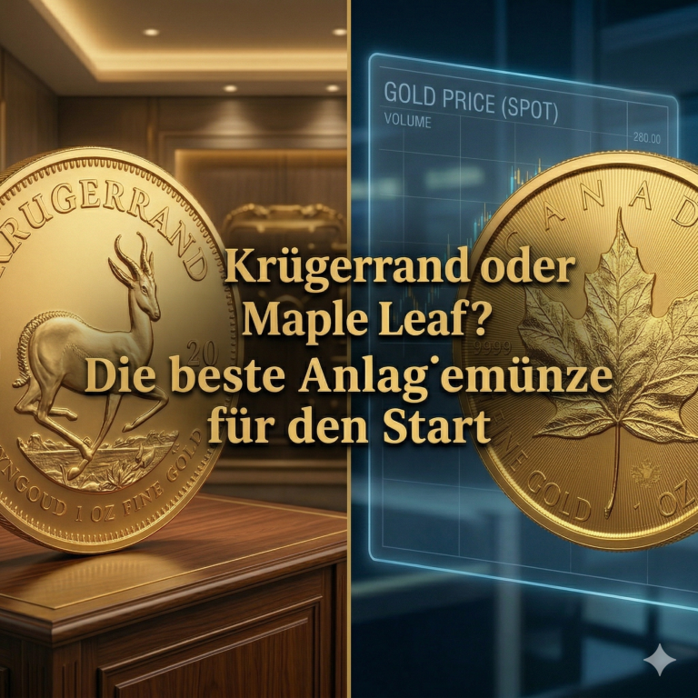 Eine goldene Münze mit einem Antilopenmotiv und der Text über Anlageoptionen.