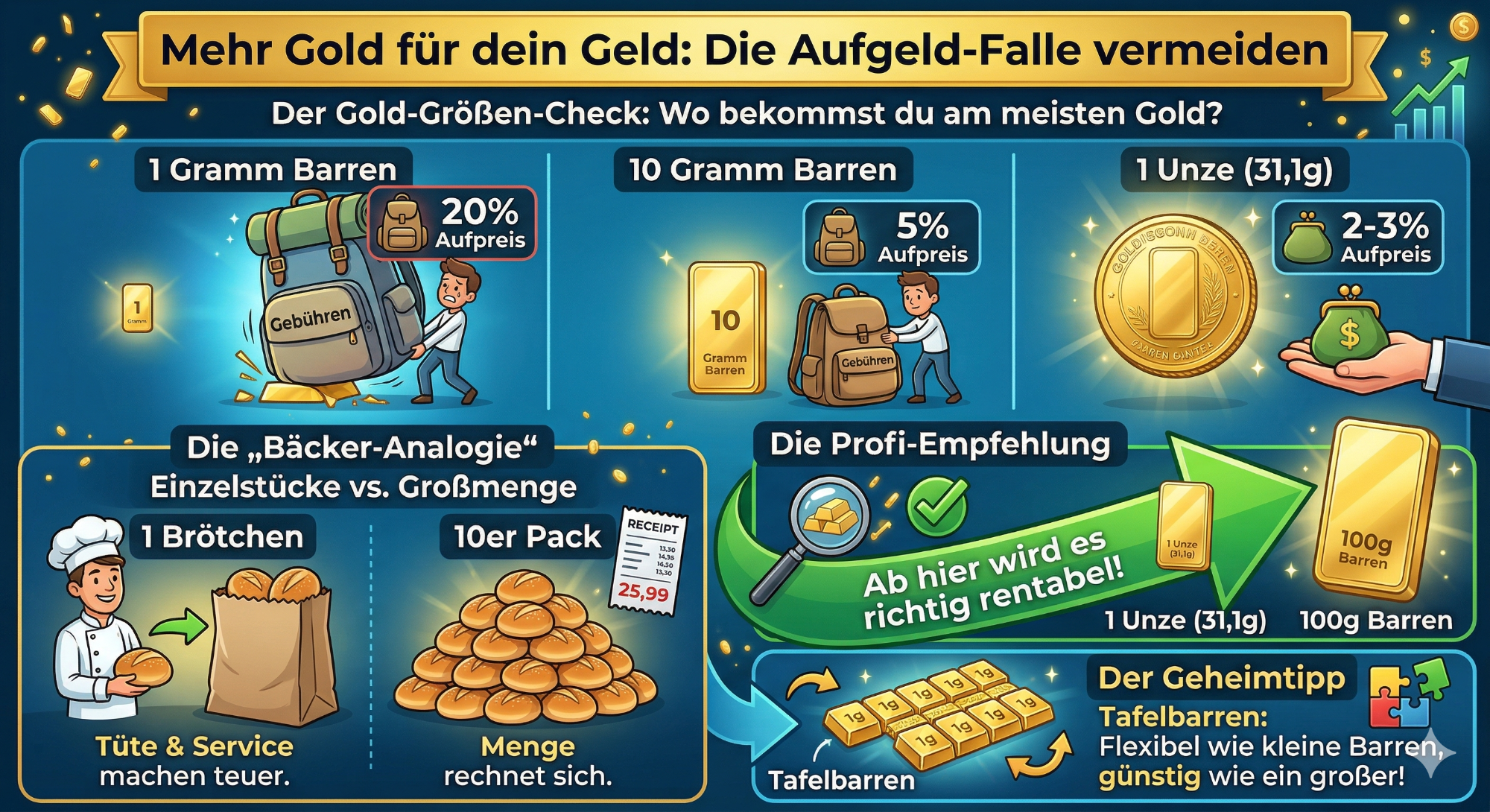 Grafik über Goldinvestitionen mit Statistiken und Tipps zur Geldanlage in Gold.